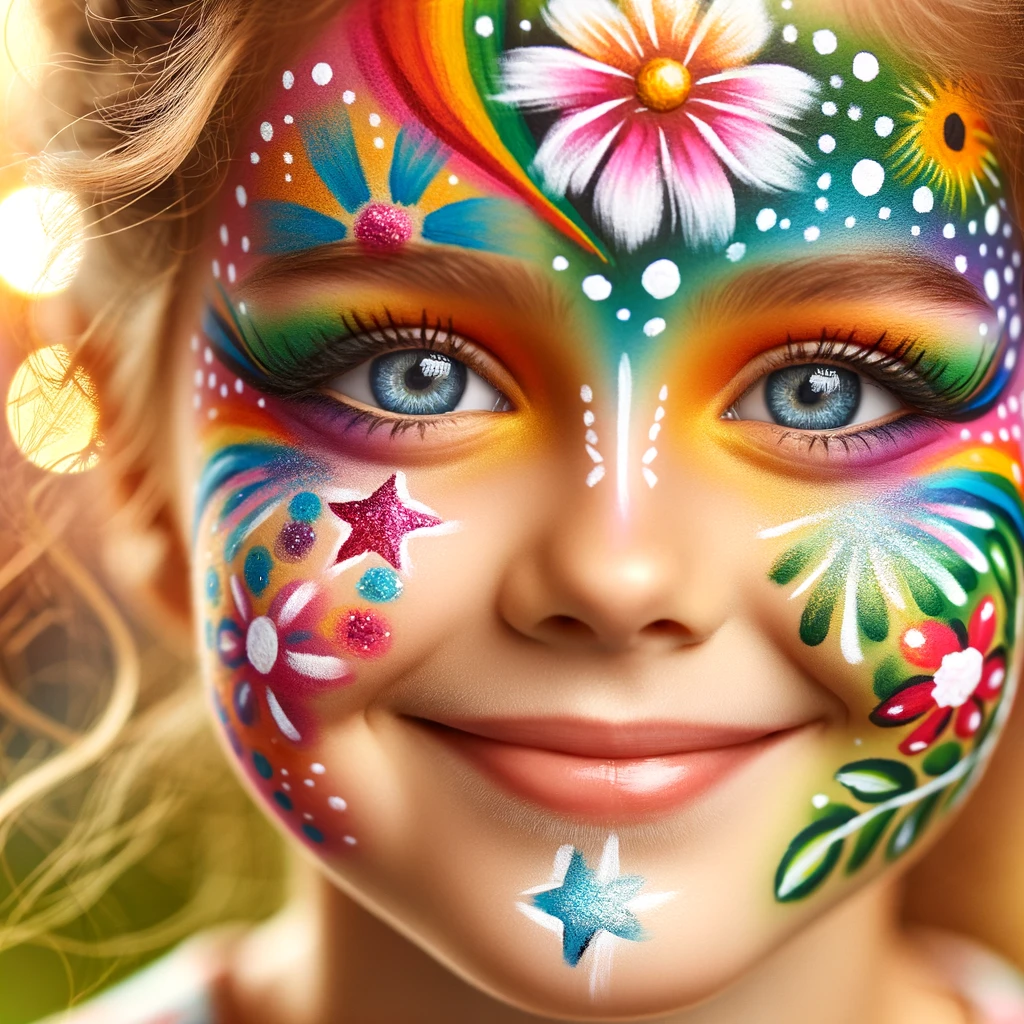 DALL·E 2024-02-18 11.19.26 - A close-up portrait of a child's face artistically painted with non-toxic, child-safe face paint. The makeup is vibrant and imaginative, featuring a c