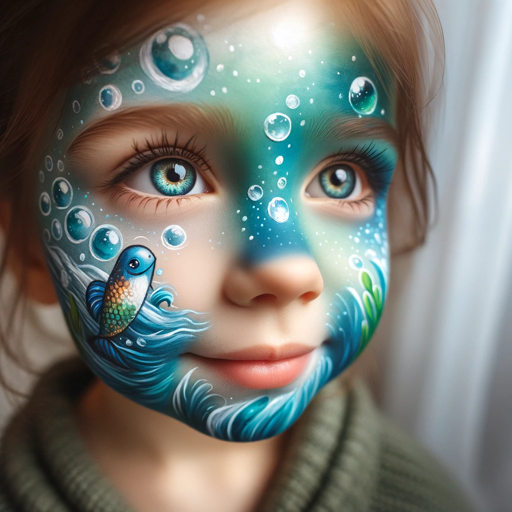DALL·E 2024-02-18 11.19.50 - A close-up portrait of a child's face artistically painted with non-toxic, child-safe face paint. This time, the makeup design is inspired by the sea,