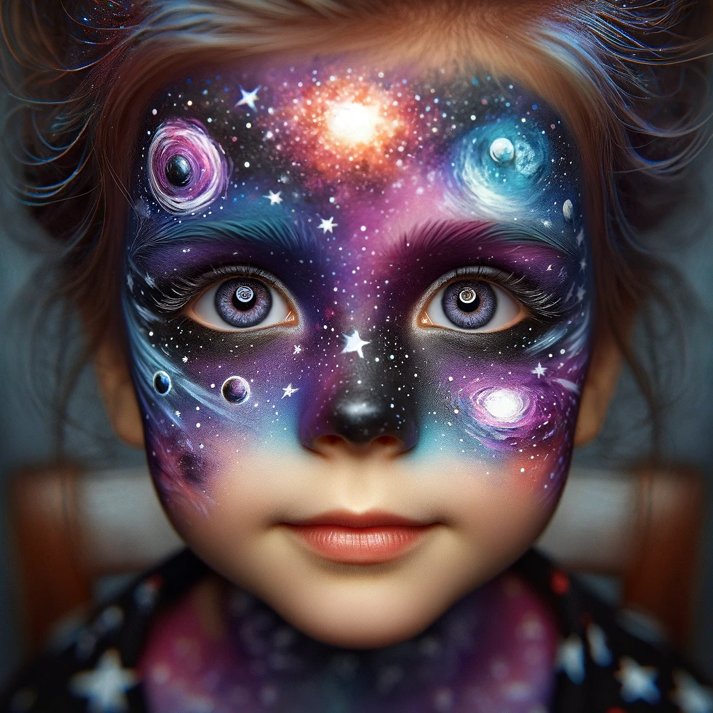 DALL·E 2024-02-18 11.20.44 - A close-up portrait of a child's face artistically painted with non-toxic, child-safe face paint. The makeup theme for this image is the cosmos, featu