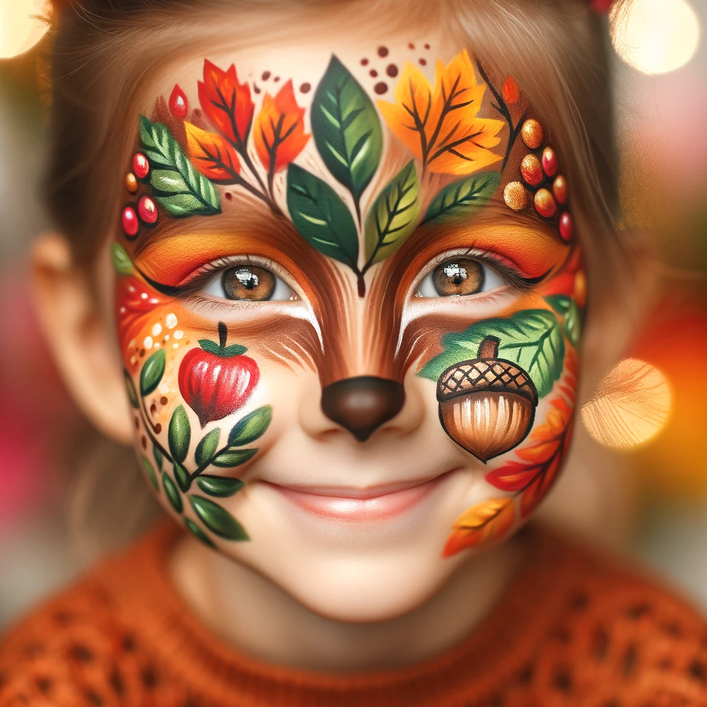 DALL·E 2024-02-18 11.21.11 - A close-up portrait of a child's face artistically painted with non-toxic, child-safe face paint. This design features an autumn theme, with leaves, a