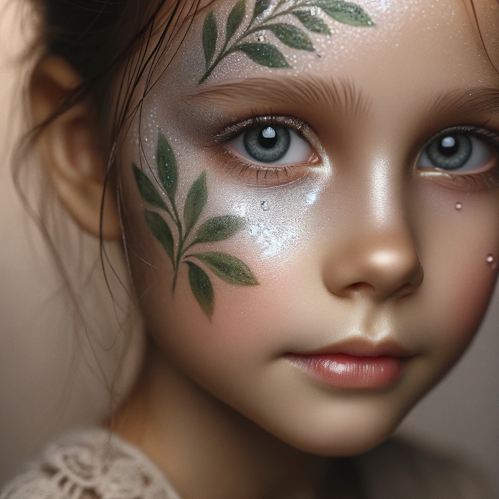 DALL·E 2024-02-18 11.22.34 - A close-up portrait of a child's face with very subtle and minimalistic face paint, focusing on realism. The design incorporates a slight shimmer that