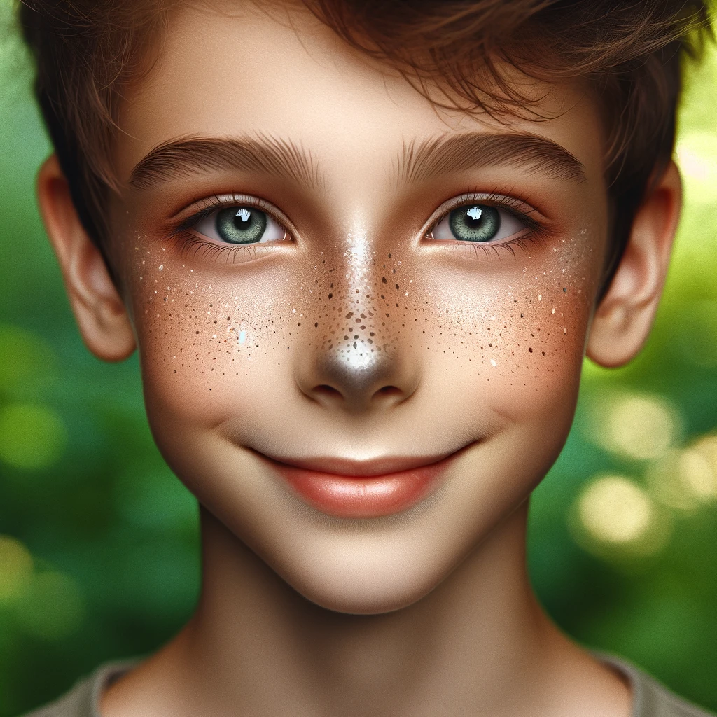 DALL·E 2024-02-18 11.47.09 - A close-up portrait of a boy's face with very subtle and natural-looking face paint, emphasizing realism. The design is minimalistic, featuring a ligh