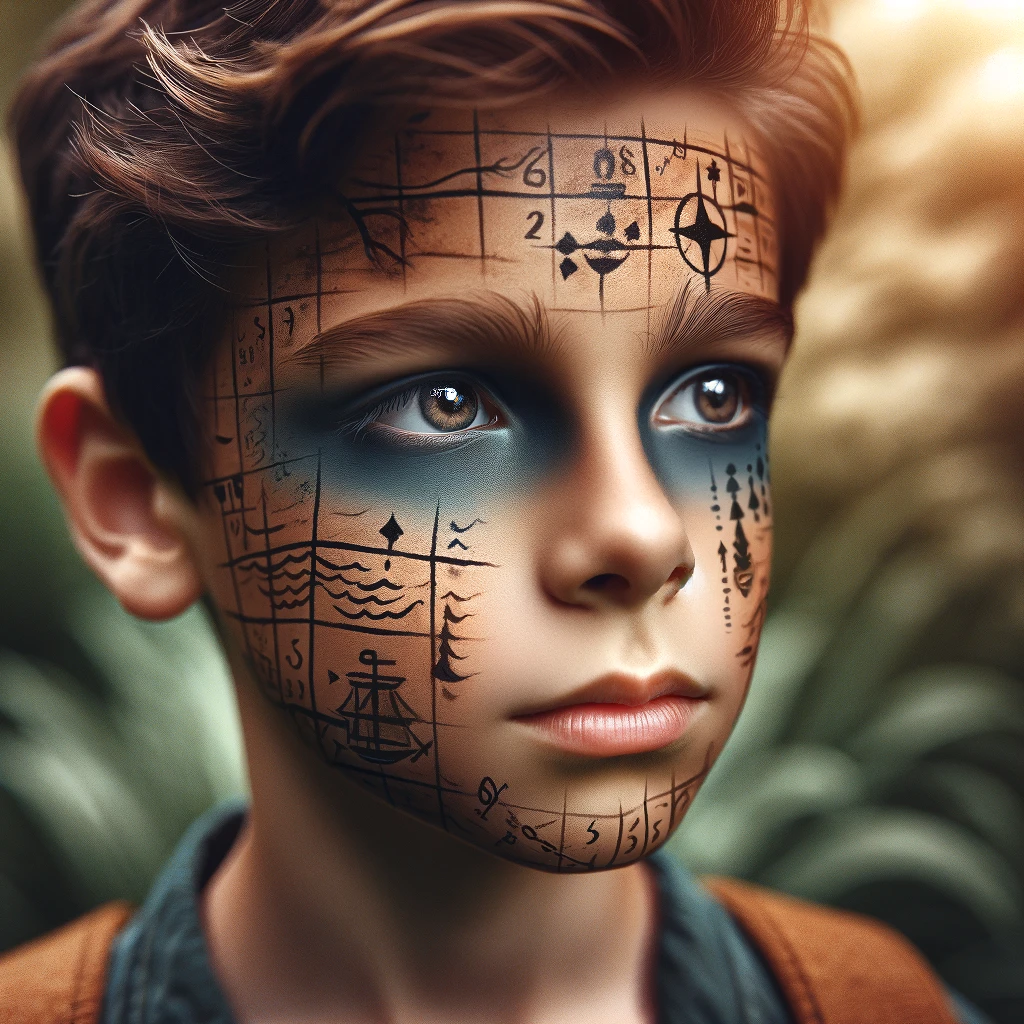 DALL·E 2024-02-18 11.47.32 - A close-up portrait of a boy's face with a creative and realistic face paint design, focusing on a theme of adventure. The face paint subtly incorpora