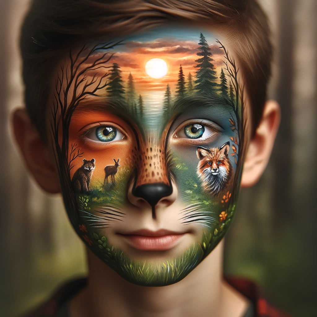 DALL·E 2024-02-18 11.47.53 - A close-up portrait of a boy's face with an imaginative and realistic face paint design, emphasizing a theme of wildlife and nature. The face paint ar